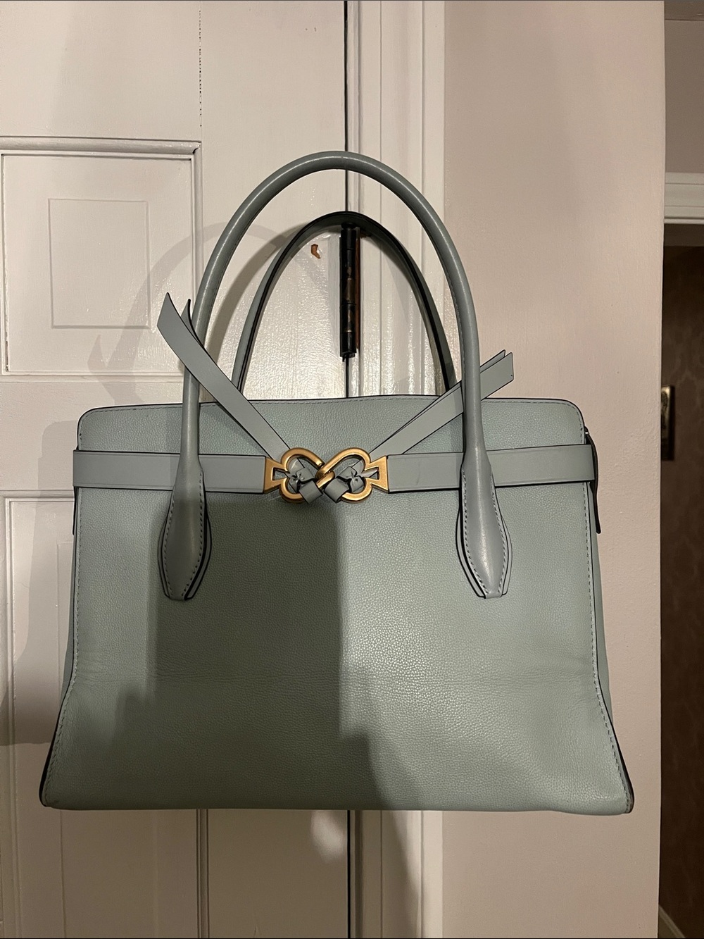 kate spade sage green leather satchel with gold-tone knot hardware